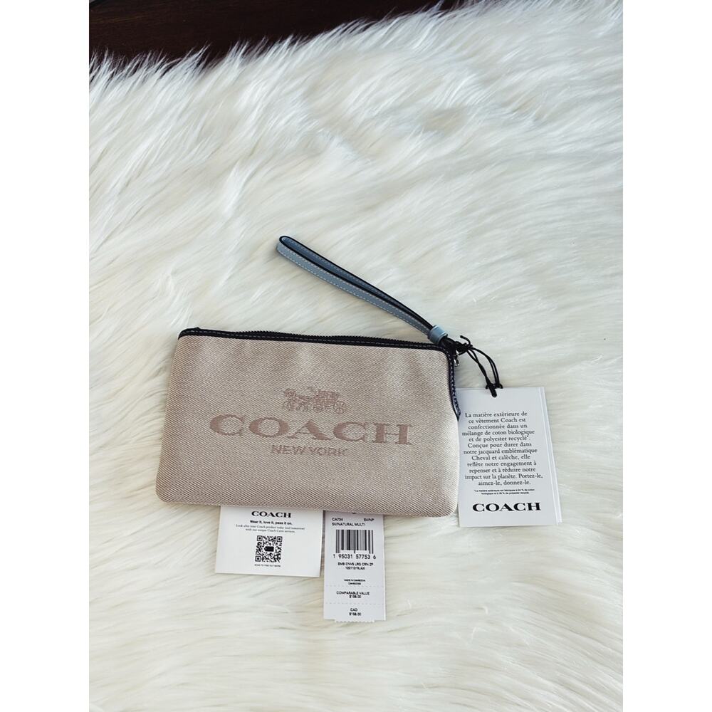 Coach Beige Canvas Wristlet with Black Trim and Light Blue Strap - Picture 3 of 4